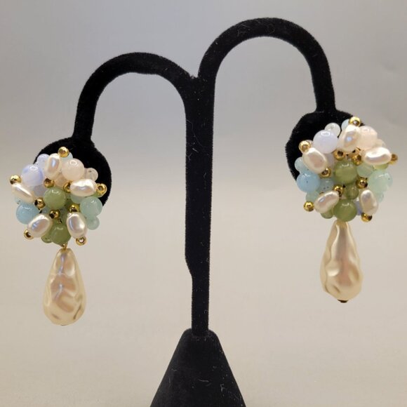 Vintage Clip-On Earrings Dangling Freshwater Pearls and Bead Clusters - Picture 2 of 6